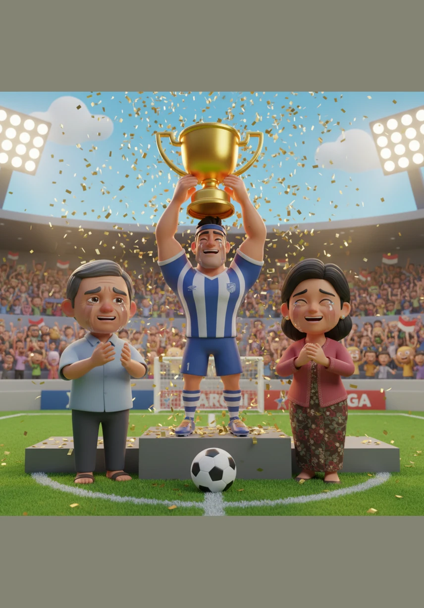 Under a shower of golden confetti, Arga lifts the championship trophy high above his head, tears of joy streaming down his face. The boy from the small village has finally conquered the world of football.