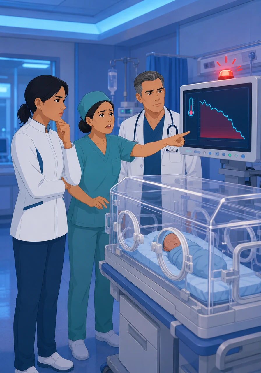 In the quiet, blue-lit neonatal ward, a monitor begins to beep an urgent warning. Engineer Elena watches as a worried nurse points to a screen showing a tiny baby’s temperature dropping dangerously low. The atmosphere is tense, as every second counts for the fragile life inside the glass cradle.