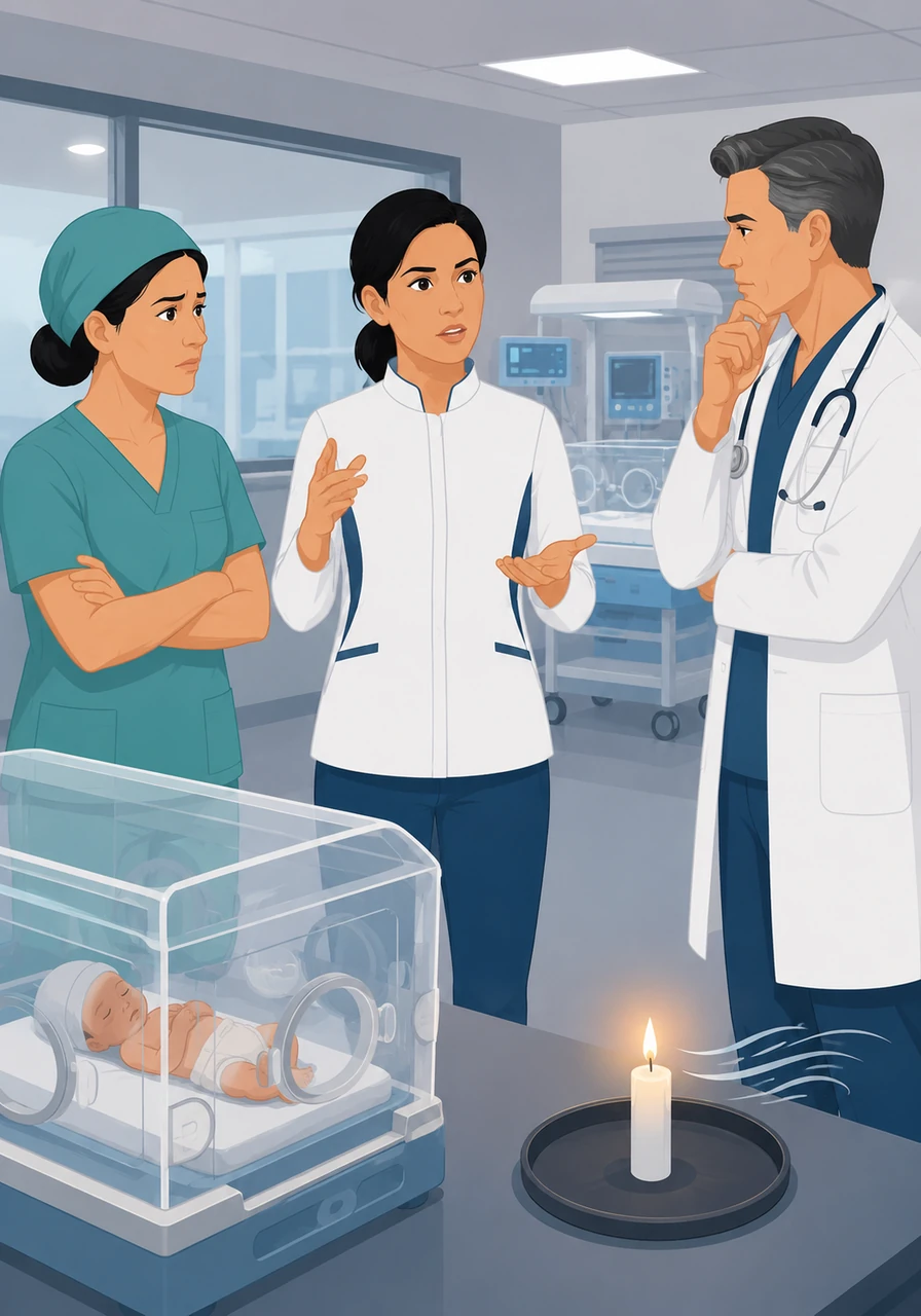 Elena meets with the medical team to discuss the critical challenge of the nursery. She explains that premature babies are like tiny candles in a breeze, unable to regulate their own body heat. Without a perfect environment, their energy fades quickly, making the current equipment insufficient for their survival.