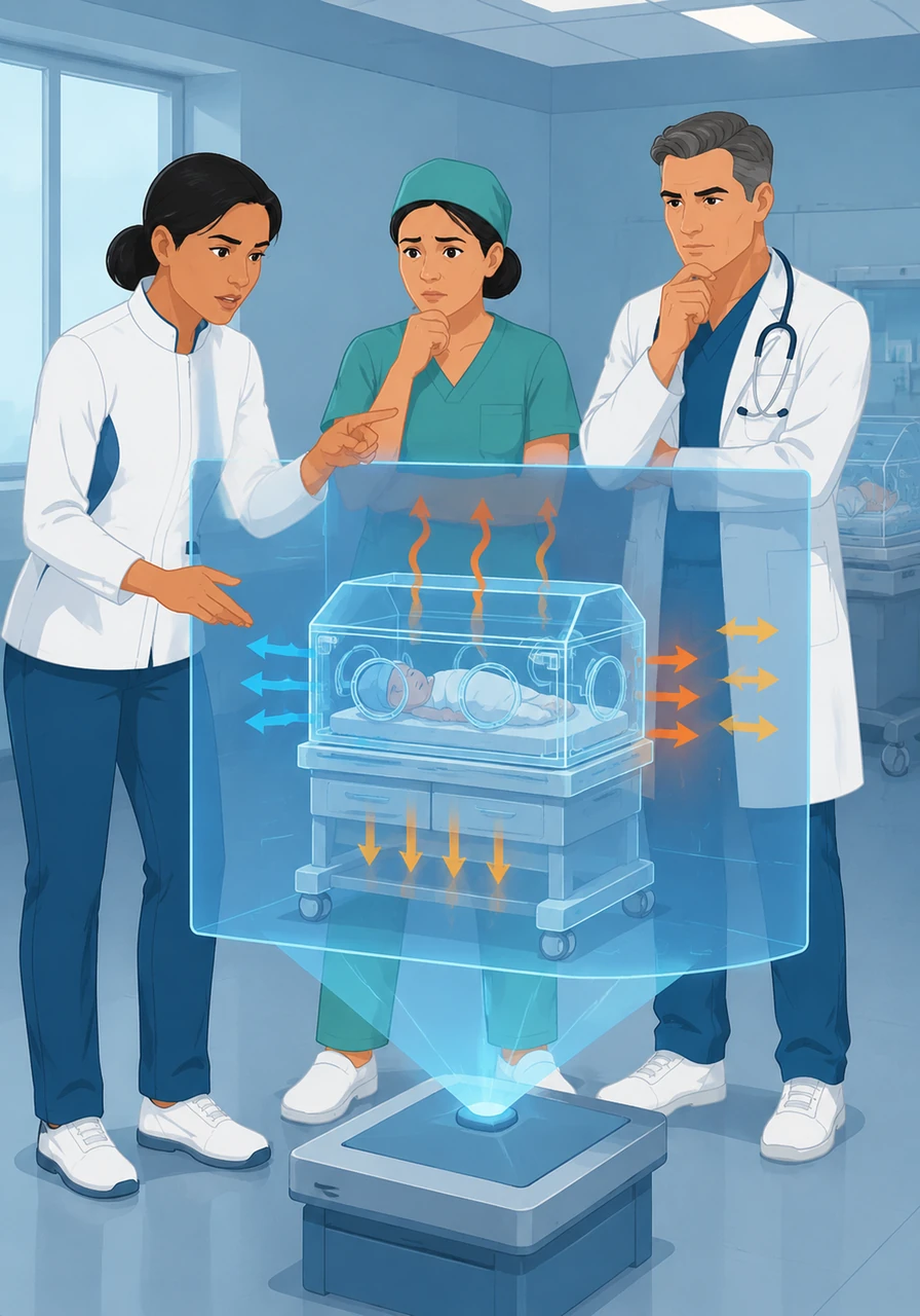 Using a digital holographic display, Elena illustrates how heat escapes from the current incubators. She shows how warmth is lost through contact with surfaces, moving air currents, and even radiating toward the cooler walls of the room. It is a constant battle against the laws of physics to keep the baby warm.