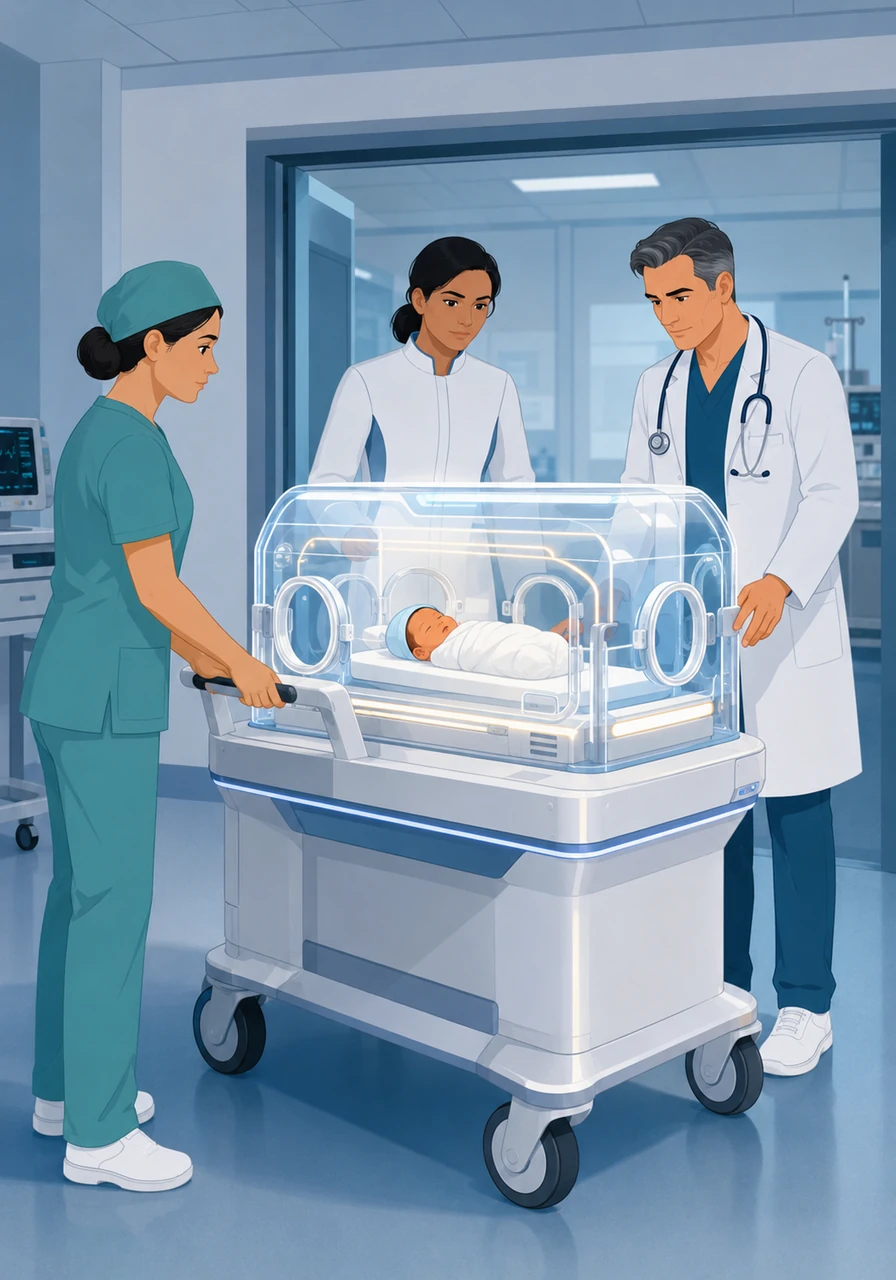 The new Smart Incubator is wheeled into the hospital, glowing with a soft, reassuring light. Elena and the medical staff gather around as the tiny patient is carefully moved into the new, optimized environment. The sleek glass and humming technology represent the peak of modern engineering and care.
