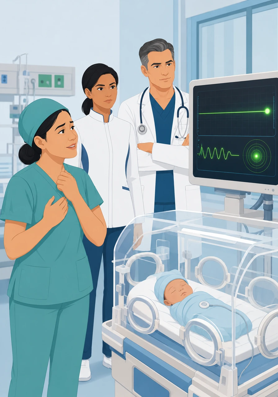 The nurse watches the monitor with a sigh of relief as the temperature line finally stabilizes at a perfect 36.8 degrees Celsius. The AI interface displays a steady green pulse, showing that the system is working in perfect harmony with the baby’s needs. The constant fluctuations that once threatened the infant are now gone.