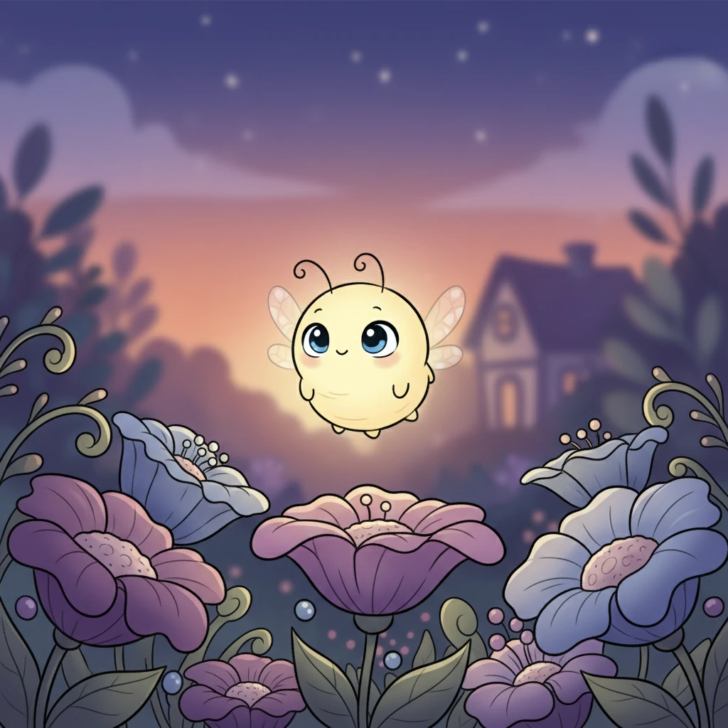 Lumi, une petite luciole avec une lumière douce et timide, aimait planer au-dessus des fleurs du jardin au crépuscule. Son corps mignon et rond brillait d'un jaune pâle, presque comme un petit rêve flottant. Elle observait le monde avec de grands yeux expressifs, curieuse mais un peu hésitante à montrer toute sa splendeur.