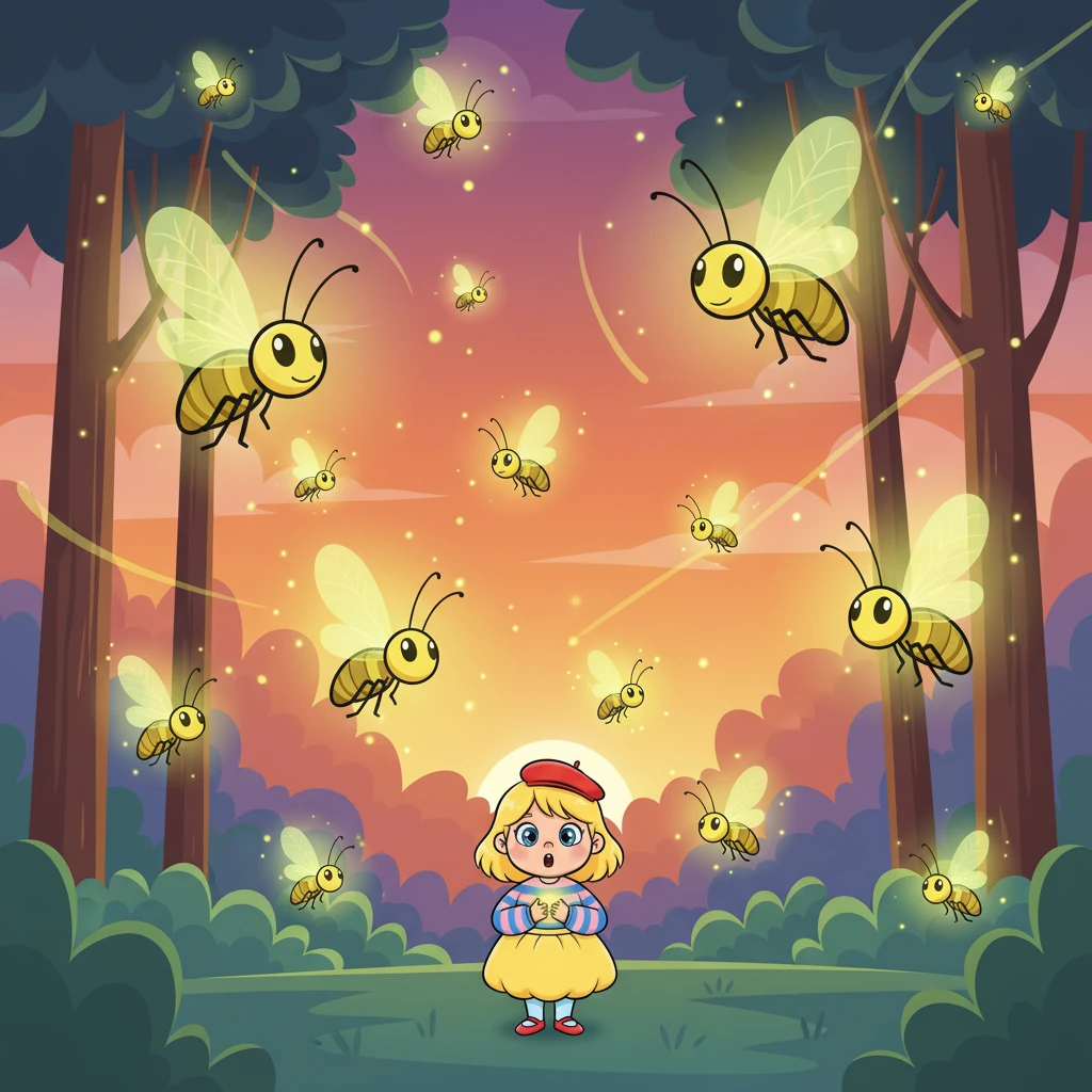 Alors que le soleil se couchait, d'autres lucioles plus grandes et plus audacieuses commençaient à danser dans l'air, leurs lumières clignotant joyeusement et brillamment. Lumi les regardait avec admiration, se sentant un peu minuscule et sa propre lumière si discrète en comparaison. Elle souhaitait pouvoir briller aussi fort et attirer l'attention.