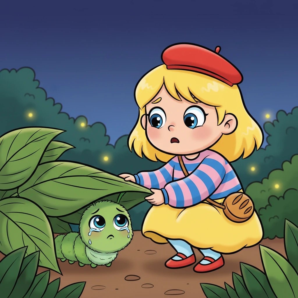 Soudain, Lumi aperçut quelque chose de petit et de vert qui tremblait sous une grande feuille d'hosta. C'était Chenille, une chenille velue et un peu perdue, qui pleurait doucement parce qu'elle ne trouvait plus le chemin vers son arbre préféré. La nuit devenait de plus en plus sombre autour d'elle, et Chenille semblait si triste et seule.