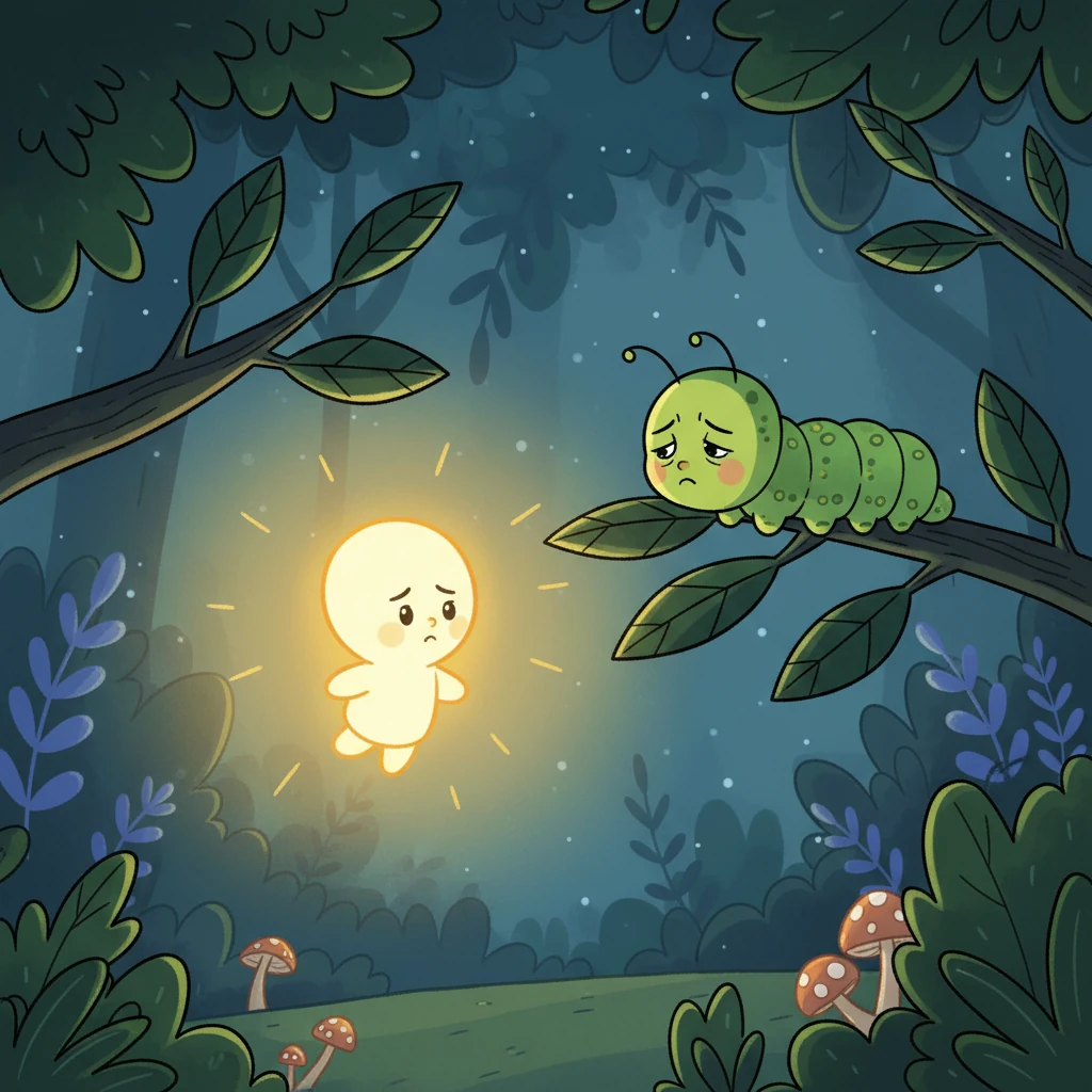 Voyant la détresse de Chenille, un petit courage s'alluma dans le cœur de Lumi, plus fort que sa propre lumière. Elle prit une grande inspiration et fit briller sa petite lueur aussi fort qu'elle le put, s'approchant doucement de Chenille. Sa lumière, bien que petite, était un phare réconfortant dans l'obscurité.