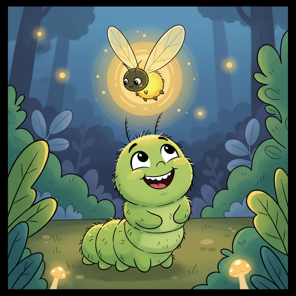 Chenille leva les yeux et un sourire éclatant illumina son visage poilu en voyant la luciole amicale. "Merci, Lumi !" s'écria-t-elle, ses petits yeux brillants de gratitude. Lumi sentit une chaleur merveilleuse se répandre en elle, une sensation plus agréable que n'importe quelle brillance solitaire.