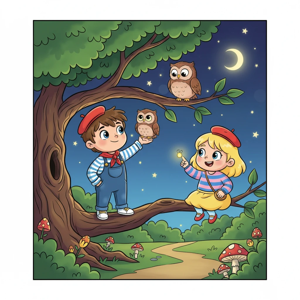 Le lendemain soir, la nouvelle de la gentillesse de Lumi se répandit comme une traînée de poudre dans le jardin. Cette fois, c'était Chouette, une petite chouette toute duveteuse et somnolente, qui avait des problèmes. Elle était tombée de sa branche préférée et ne parvenait pas à la retrouver dans l'obscurité dense du grand chêne.