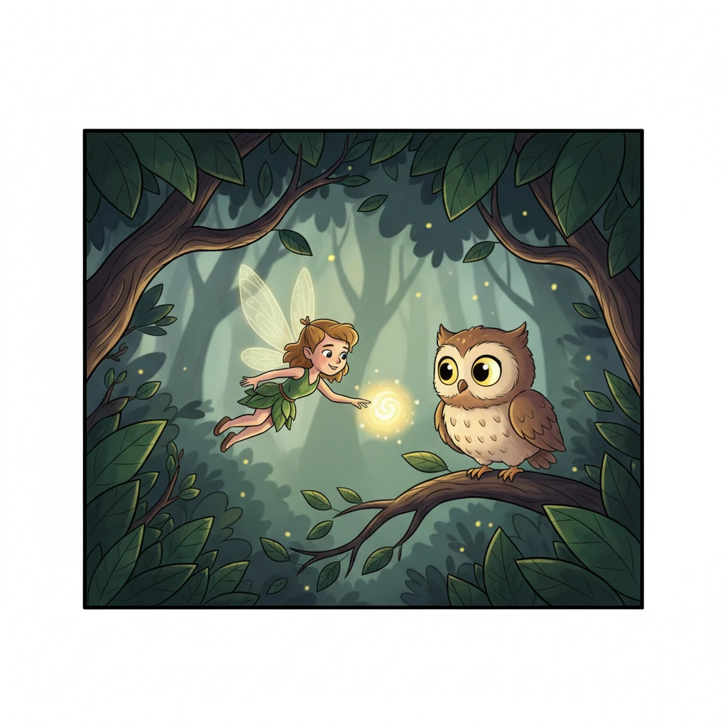 Avec une confiance retrouvée, Lumi s'envola vers Chouette, faisant clignoter sa lumière avec détermination. Elle guida Chouette doucement à travers les feuilles sombres et les branches entrelacées, sa lueur servant de chemin sûr. La petite chouette suivait attentivement, ses grands yeux ronds fixés sur la lumière de Lumi.