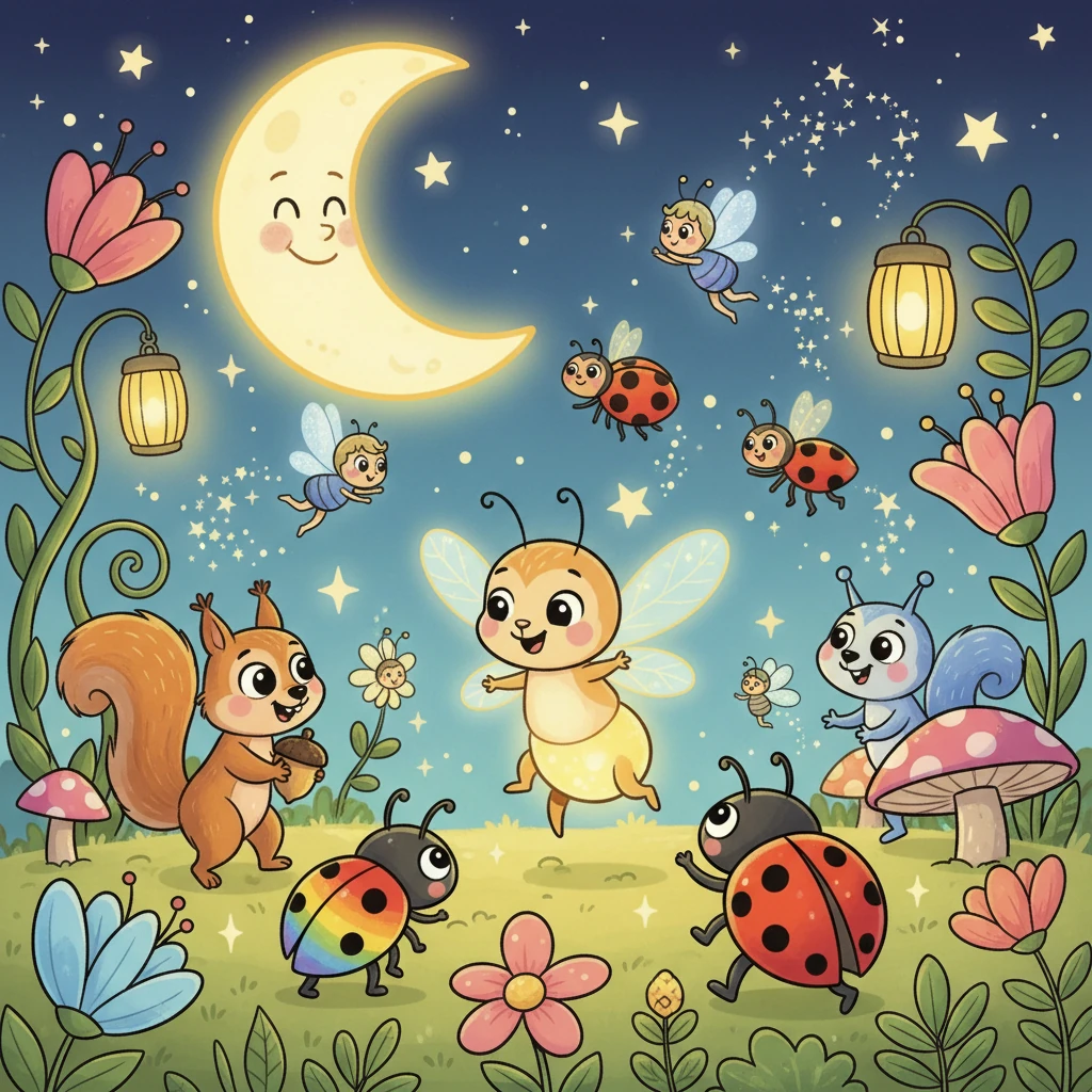 Sous la lune souriante, Lumi et toutes les créatures du jardin organisèrent une "fête de la lumière" magique. Chacun partageait sa propre petite lueur, que ce soit les yeux brillants d'un écureuil ou les reflets sur la carapace d'une coccinelle, créant un spectacle éblouissant de couleurs et de joie partagée. Lumi, la luciole autrefois timide, était la plus heureuse de toutes, savourant chaque instant.