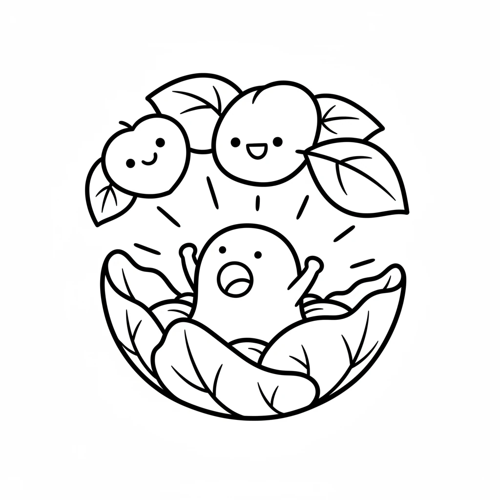 A tiny, round sprite named Wisp wakes up in a soft, leaf bed. Sunlight peeks through big, happy leaves above. Wisp stretches little arms with a big yawn, ready for a new day.