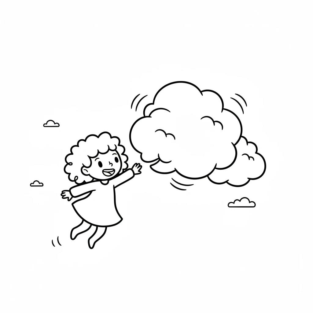 Wisp giggles while playing hide-and-seek with a fluffy cloud. The cloud drifts slowly across the sky, its round shape changing playfully. Wisp reaches out with a tiny hand, trying to touch it.