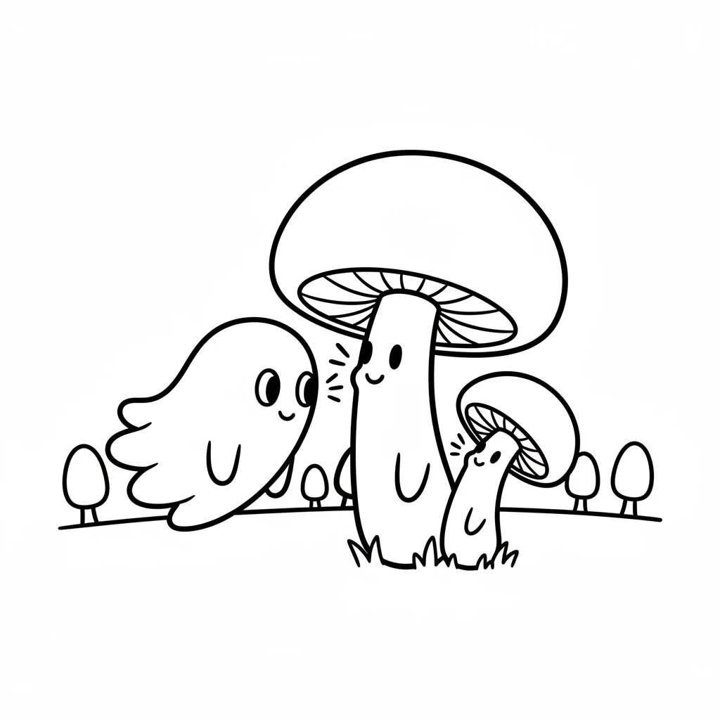 Wisp discovers a family of happy mushrooms. One mushroom is tall and round, another is small and wobbly. They seem to be whispering secrets to each other, making Wisp curious.