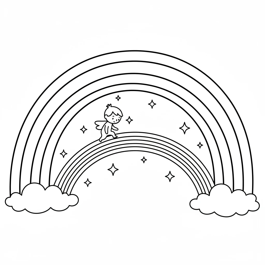 A bright, arching rainbow appears in the sky. Wisp carefully steps onto its colorful bridge. Little stars twinkle around Wisp, making the journey feel extra special and bright.