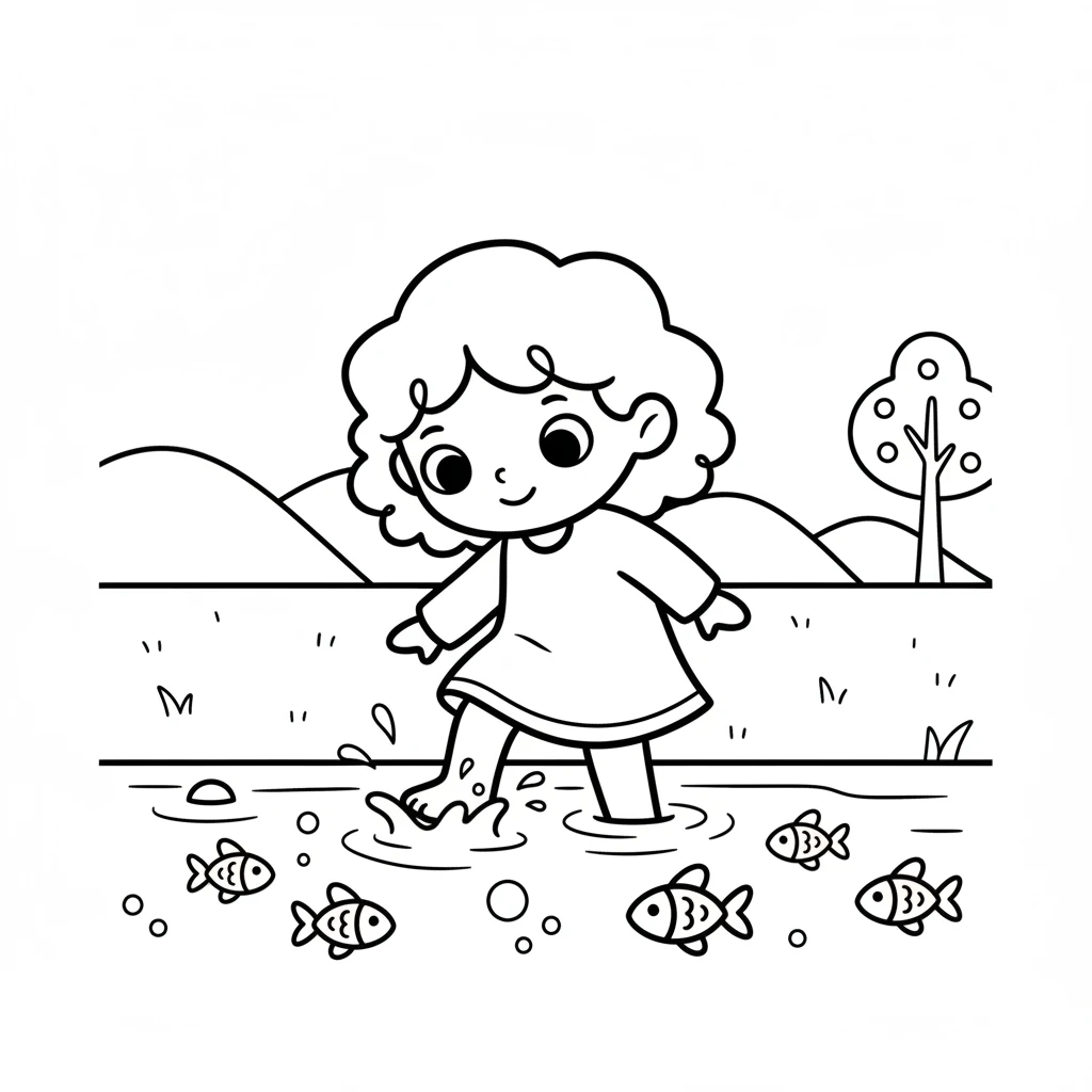 Wisp finds a clear, bubbly stream. Tiny fish with happy fins swim past, wiggling their tails. Wisp dips a toe in the cool water, feeling the gentle splash.