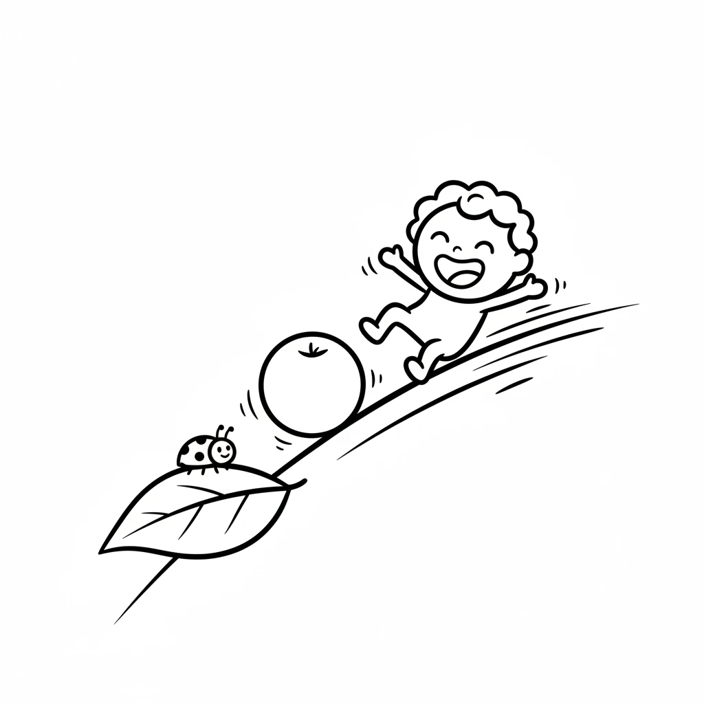Wisp laughs while chasing a bouncy, round berry. The berry rolls down a gentle hill, making Wisp tumble playfully after it. A little ladybug watches from a leaf.