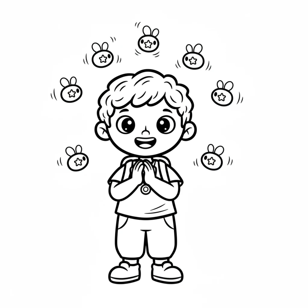 Wisp watches a group of fireflies dance in the evening air. Their tiny lights blink on and off, creating a beautiful, soft glow. Wisp claps tiny hands in delight at the magical show.