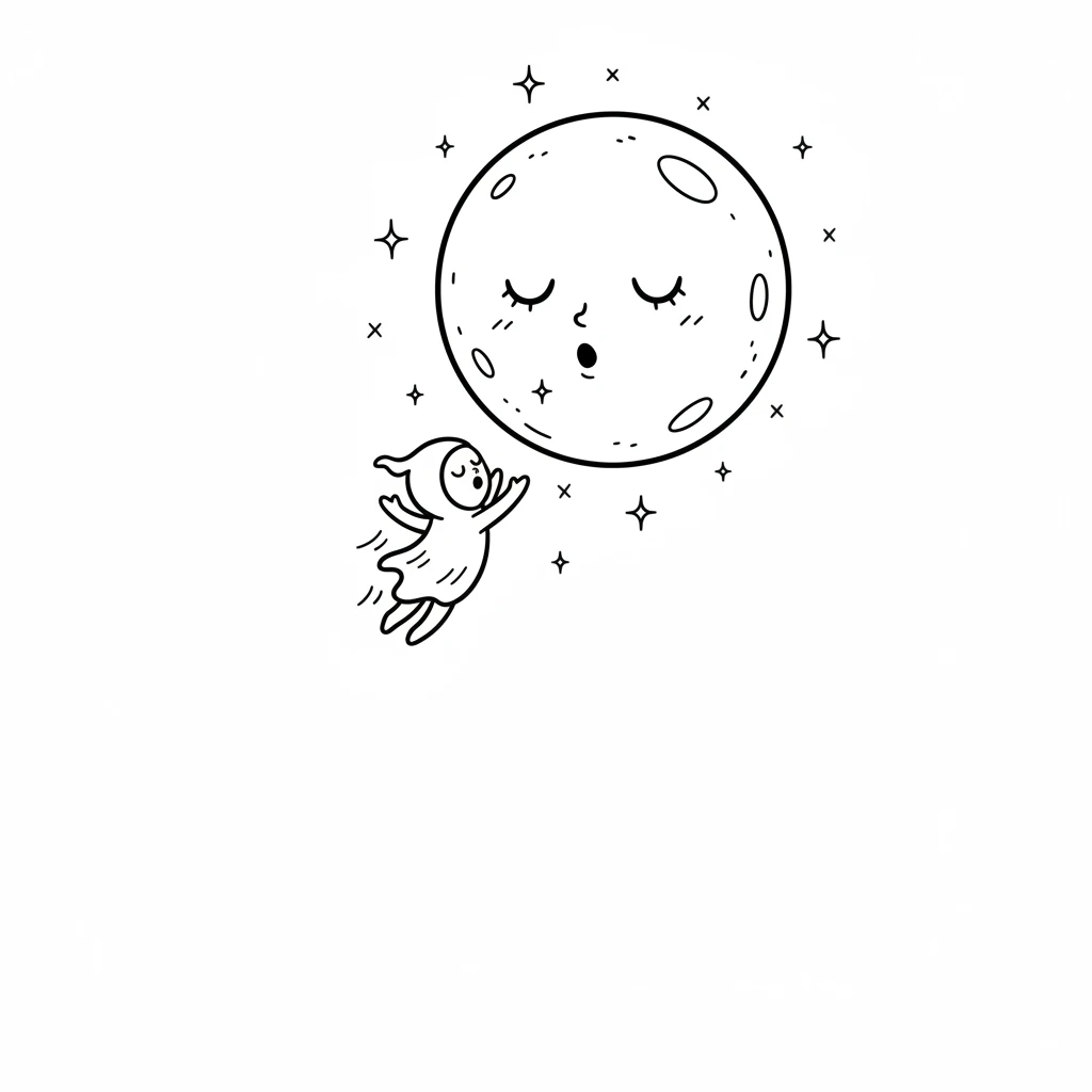 The big, round moon rises high in the sky. Wisp floats up, up, up, to give the sleepy moon a little goodnight hug. Stars sparkle all around, like diamond dust.