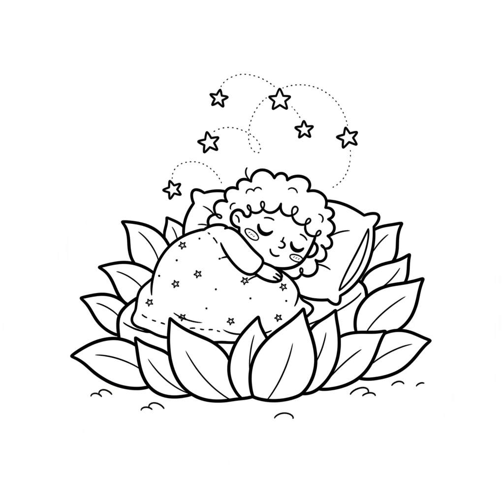 Wisp returns to the cozy leaf bed, tired but happy. A soft blanket of starlight covers Wisp. Sweet dreams fill the air, ready for another magical day tomorrow.