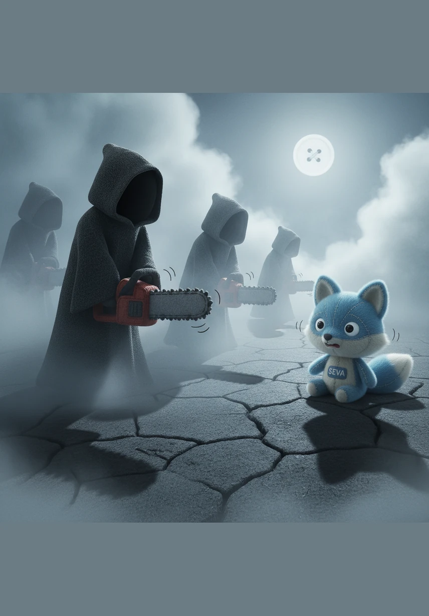 Из тумана вышли странные фигуры в темных одеждах, держащие в руках тяжелые, жужжащие бензопилы. Их длинные тени ложились на треснувший асфальт, создавая жуткие узоры под бледным светом луны.