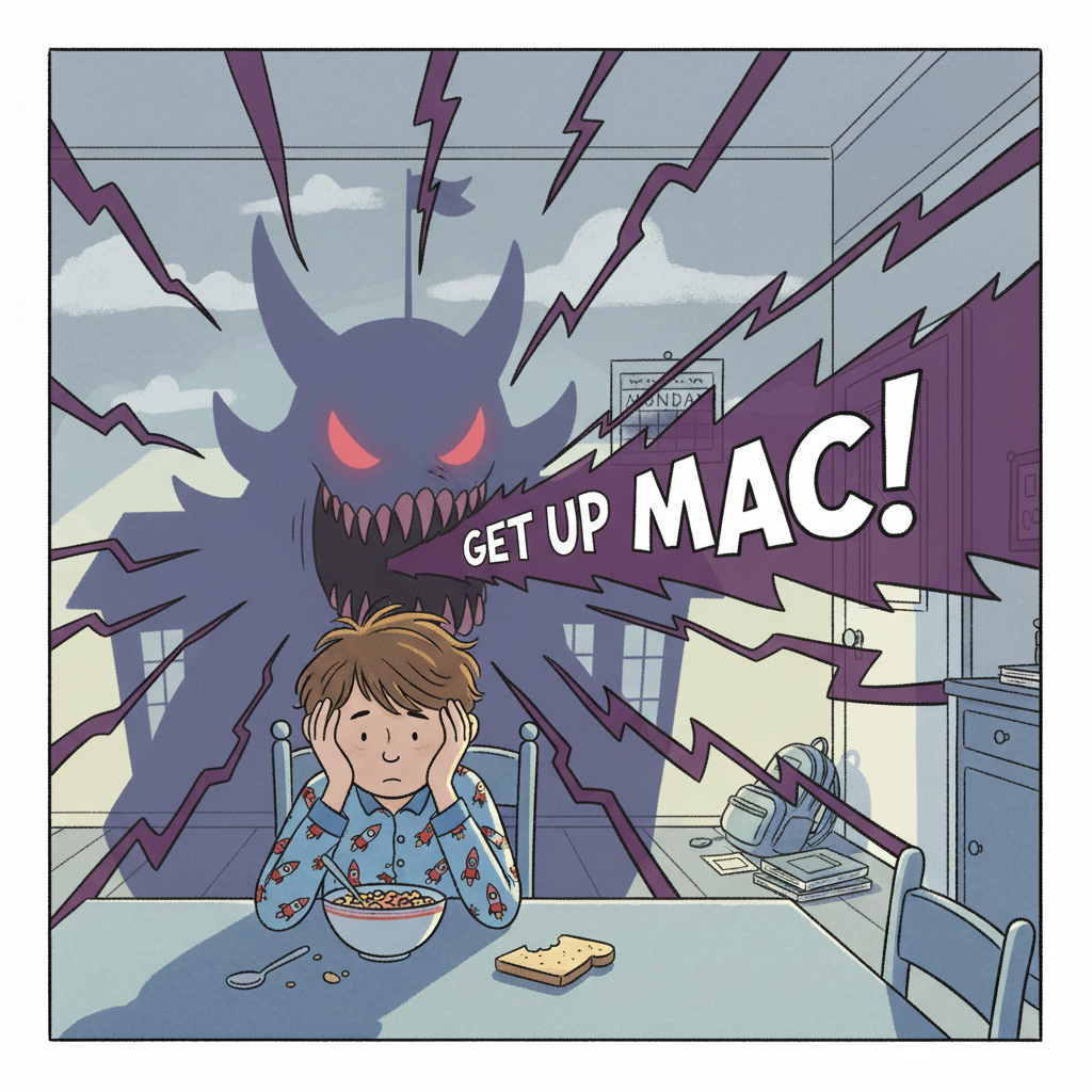 The Monster of Mondays growled at him every morning, its voice booming, "Get up Mac!" It only seemed to growl after the weekend, when Mac was the most reluctant to leave the house.