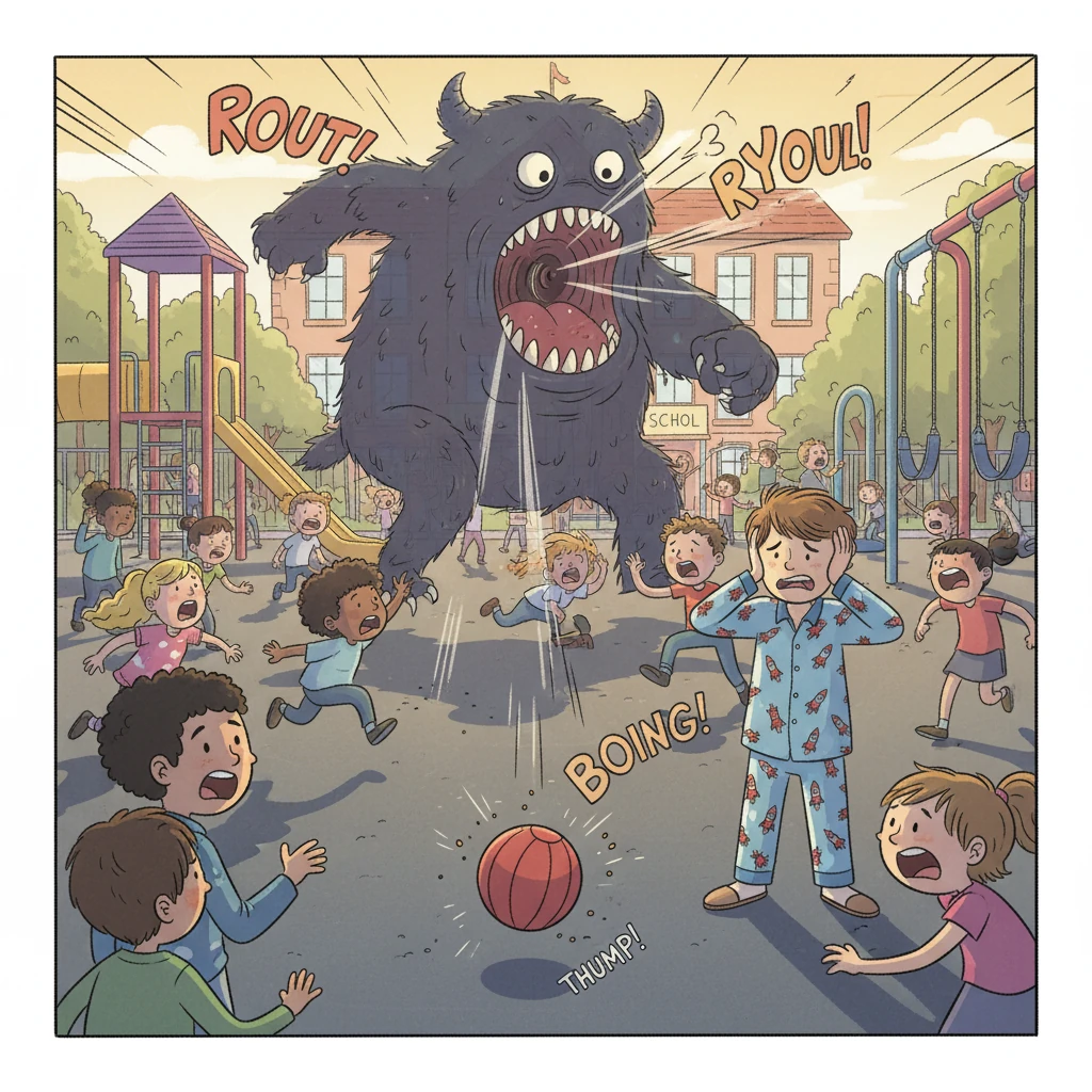 At recess, the monster's roar was the noise of the playground; the shouts of the children and the sound of the ball hitting the floor. It was too loud, too busy, too much for Mac.