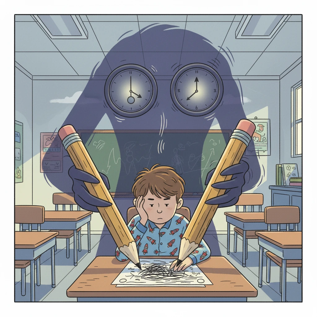 Inside the classroom, the monster's claws were the pencils scratching on paper and the ticking clock became the monster's eyes. Each tick of the clock reminded Mac of how long the day would last.