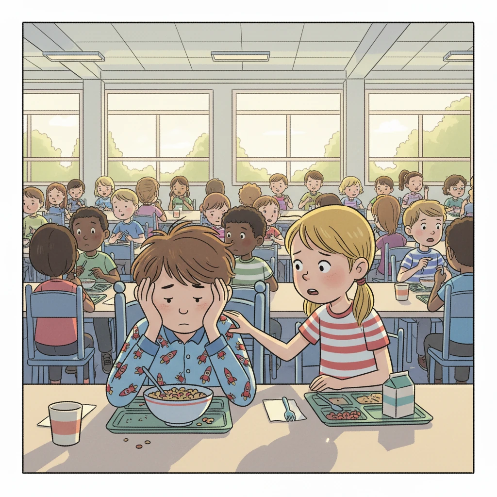 At lunch, Mac wanted to run away. He felt trapped, but then he felt something – a gentle touch on his arm. It was a girl who asked, "What's wrong, Mac?"