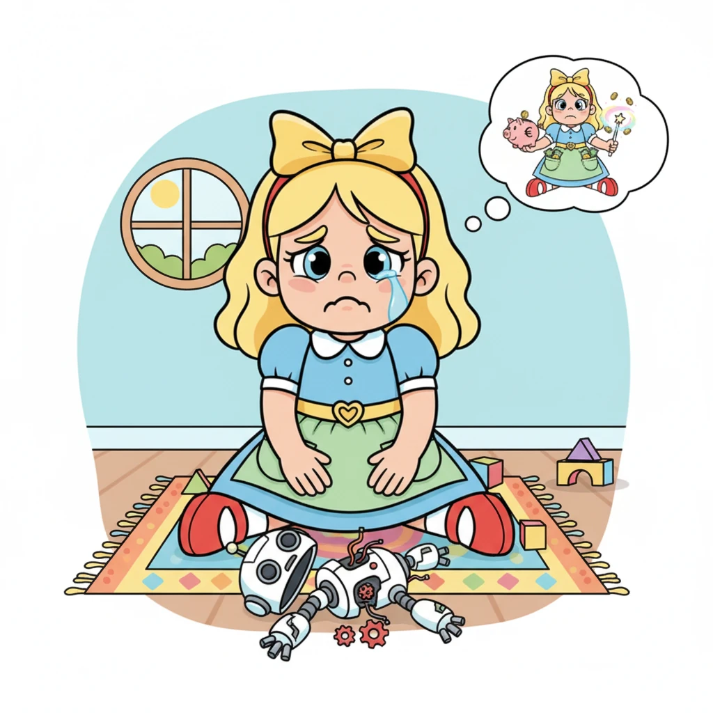 Die kleine Mia sitzt traurig vor ihrem kaputten Spielzeugroboter. Sie wünscht sich sehnlichst einen neuen, weiß aber nicht, wie sie das Geld dafür verdienen soll. Eine große Träne rollt über ihre Wange, als sie ihren defekten Roboter betrachtet.
