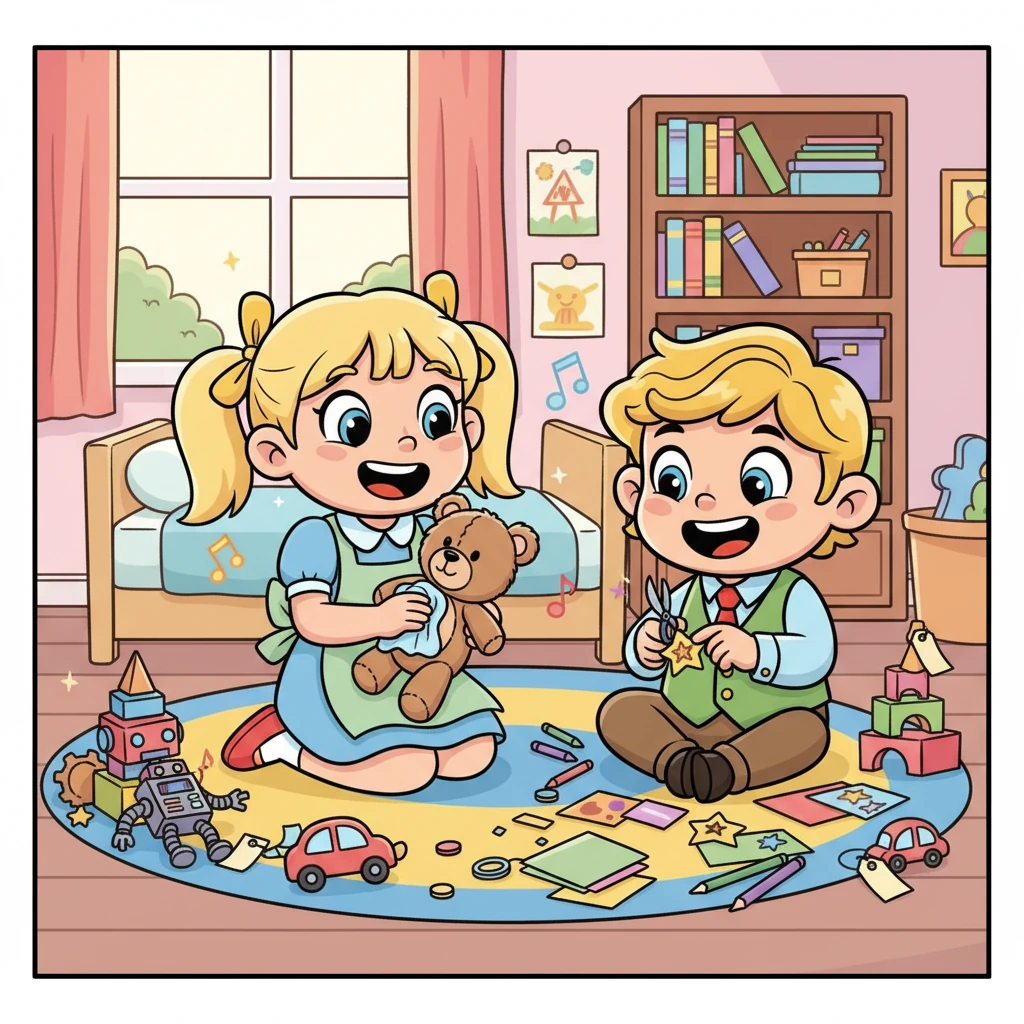 Mia und Penny sammeln alle Spielsachen, die Mia nicht mehr braucht. Penny hilft Mia, die Spielsachen liebevoll zu putzen und kleine, bunte Preisschilder zu basteln. Der Raum ist voller Lachen und kreativer Energie.