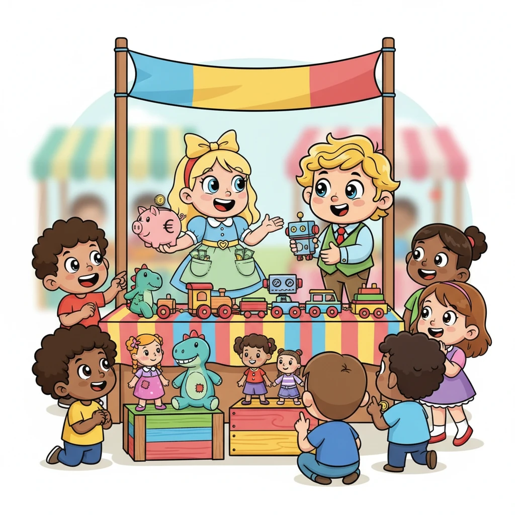 Auf dem bunten Flohmarktstand erklärt Penny den vorbeigehenden Kindern, wie Mia ihre Spielsachen repariert hat. Mia lernt, freundlich zu sein und Preise zu verhandeln. Viele neugierige Gesichter schauen sich die schönen, aufbereiteten Spielsachen an.