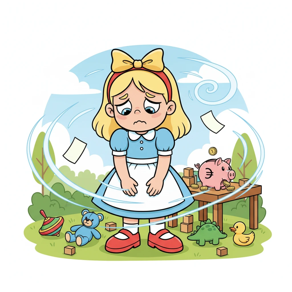 Oh weh! Ein starker Windstoß weht einige Preisschilder weg und verstreut Mias sorgfältig sortierte Spielsachen. Mia ist entmutigt und schaut traurig auf das kleine Chaos. Ihr Flohmarktstand sieht plötzlich sehr unordentlich aus.