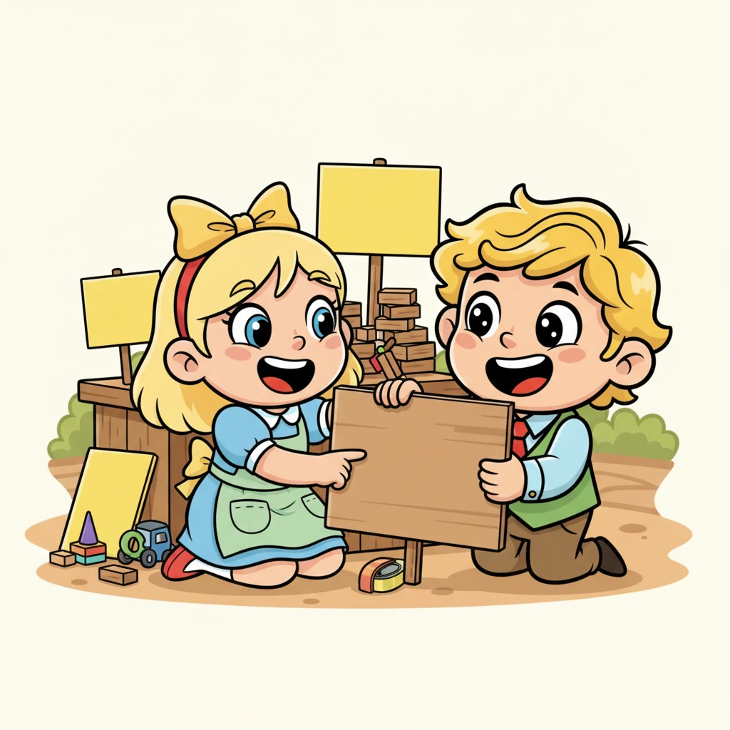 Penny tröstet Mia und zeigt ihr, wie man die Spielsachen schnell wieder ordnet und neue, stabilere Schilder bastelt. Gemeinsam lachen sie über das kleine Chaos und arbeiten Hand in Hand. Bald sieht der Stand wieder ordentlich aus.