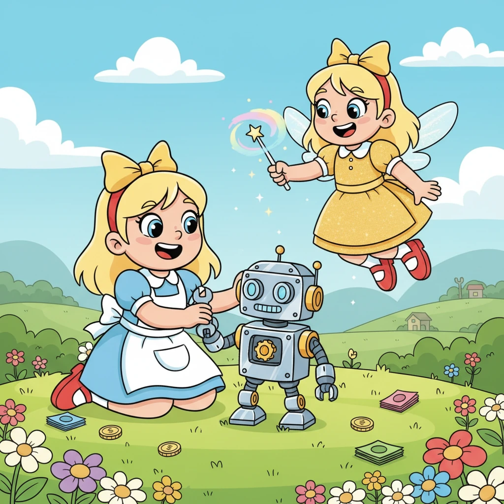 Mia spielt glücklich mit ihrem glänzenden neuen Roboter, während Penny Profit daneben schwebt. Sie hat gelernt, dass man mit cleveren Ideen und ein bisschen Arbeit große Träume verwirklichen kann. Ihre Gesichter strahlen vor Zufriedenheit und Freundschaft.