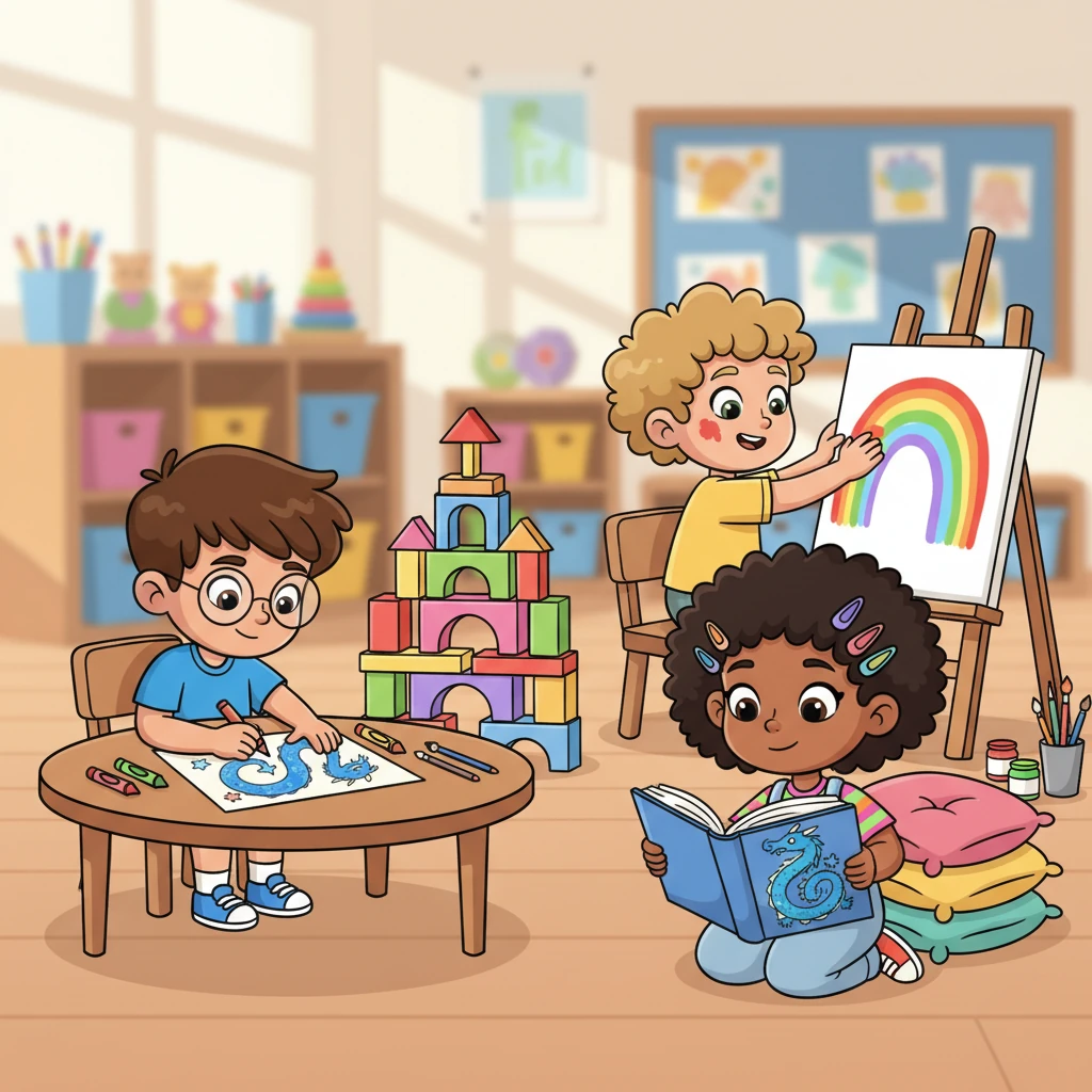 The bright classroom buzzed with happy activity. Leo hummed softly, carefully drawing a magnificent blue dragon. Nearby, Maya was lost in a giant book, while Sam meticulously stacked colorful blocks into a towering castle. Lily, with a splash of paint on her nose, gently hummed a tune as she painted a swirling rainbow. Each child was deeply engaged in their own special world of learning.