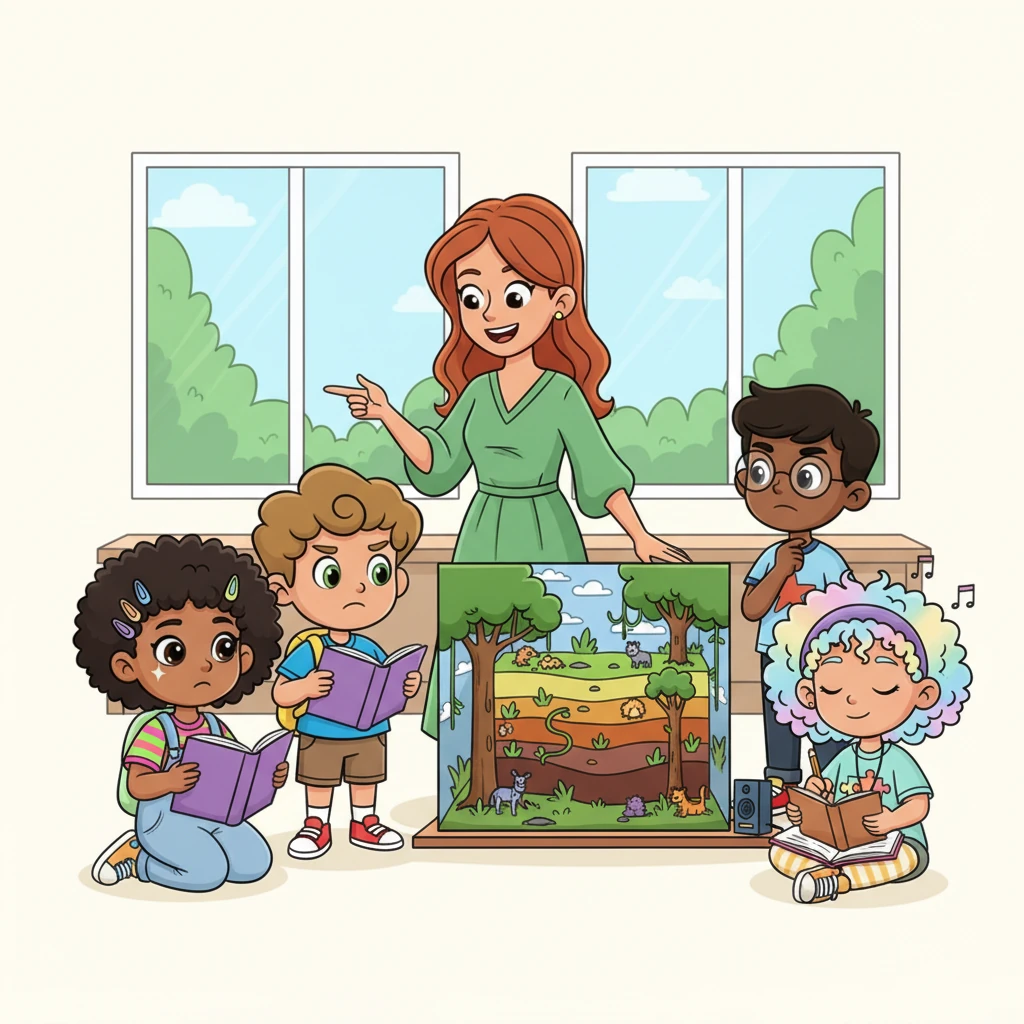 Today, their teacher, Ms. Bloom, introduced a new project about rainforests. Maya quickly absorbed the facts from a textbook, her eyes sparkling with understanding. Sam, however, frowned at the long paragraphs, but his face lit up when Ms. Bloom showed a detailed diorama, pointing out the layers. Lily struggled with the silence, but when Ms. Bloom played a rainforest soundscape, she began sketching animals with newfound inspiration. Leo watched, realizing everyone understood things differently.