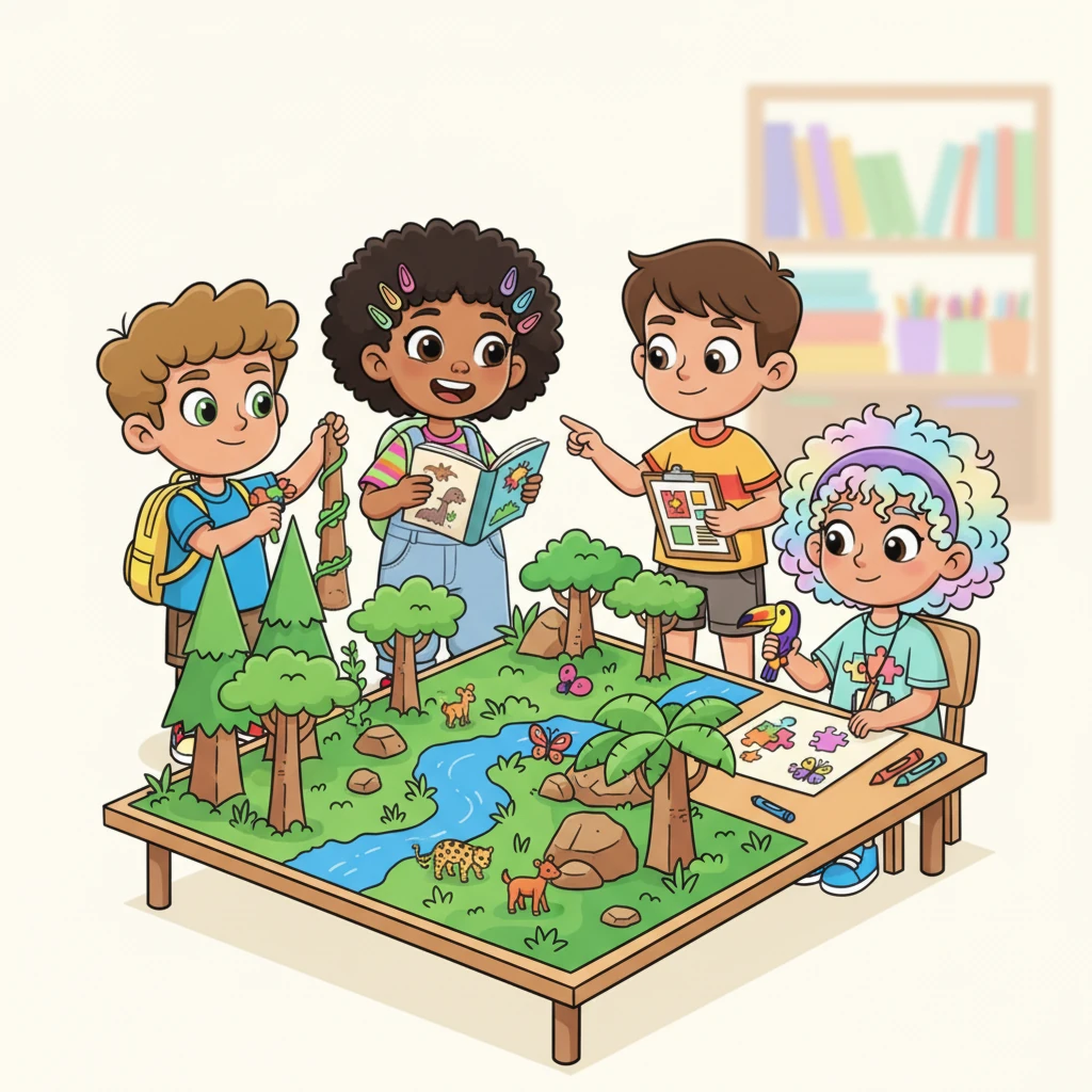 For their rainforest project, the children worked together, each using their strengths. Sam skillfully built a miniature rainforest model with towering trees and winding rivers. Maya read fascinating facts about the animals, sharing them aloud with enthusiasm. Lily drew vibrant creatures to inhabit their model, humming a jungle tune to inspire her. Leo helped organize their ideas, making sure every unique contribution found its perfect spot.