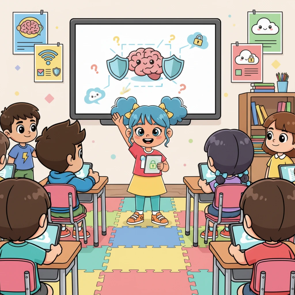 शाळेत डिजिटल सुरक्षा सप्ताहात, रिया आणि तिच्या मित्रांनी एका मजेदार ऑनलाइन क्विझमध्ये भाग घेतला. त्यांनी अनेक प्रश्नांची उत्तरे दिली आणि डिजिटल सुरक्षिततेबद्दल नवीन गोष्टी शिकल्या. रियाने उत्साहाने हात वर केला.