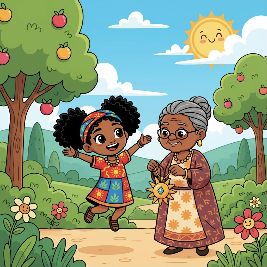 Um dia ensolarado, a avó de Ayana lhe entregou um amuleto especial, um colar com um pingente em forma de sol. Ela explicou que o amuleto a guiaria em uma jornada para descobrir a história de seu povo. Ayana sentiu a emoção vibrar em seu peito.