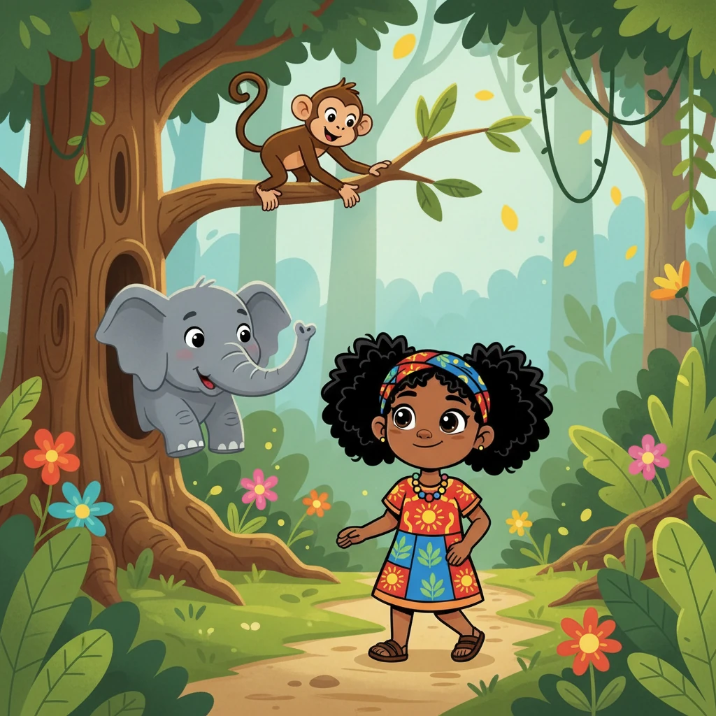 A jornada de Ayana começou em uma floresta exuberante, onde encontrou animais falantes e árvores ancestrais. Um macaco brincalhão a guiou por trilhas secretas, enquanto um elefante sábio compartilhou sabedoria. Ayana ouvia atenta.