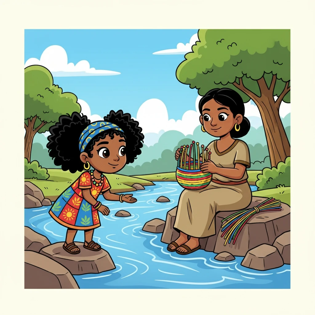 Ayana chegou a um rio caudaloso, onde conheceu uma mulher que tecia cestos com fios coloridos. A mulher ensinou Ayana sobre a importância do trabalho em equipe e da preservação da natureza. Ayana aprendeu a valorizar a comunidade.