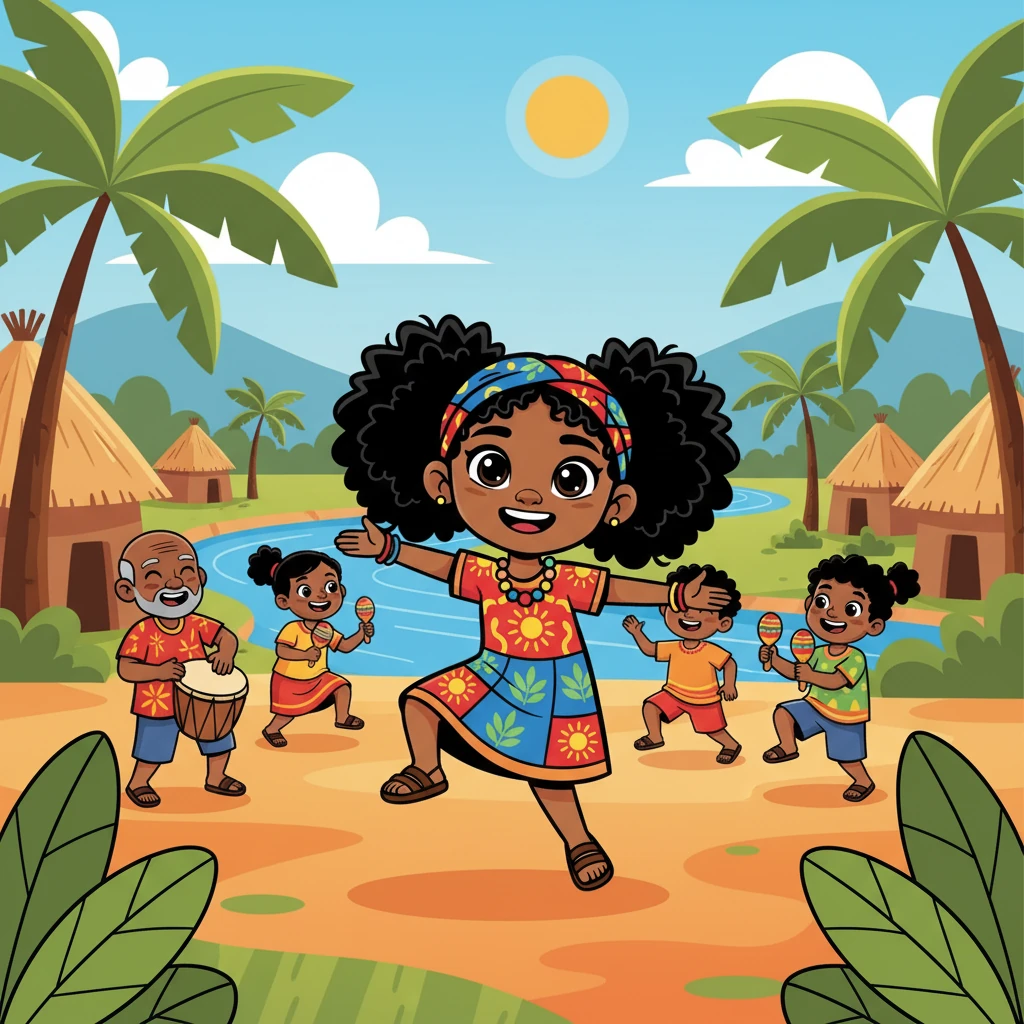 Atravessando o rio, Ayana encontrou uma aldeia onde a música e a dança eram celebradas. Ela aprendeu ritmos e movimentos que contavam histórias de coragem e esperança. Ayana sentiu a alegria da expressão artística.