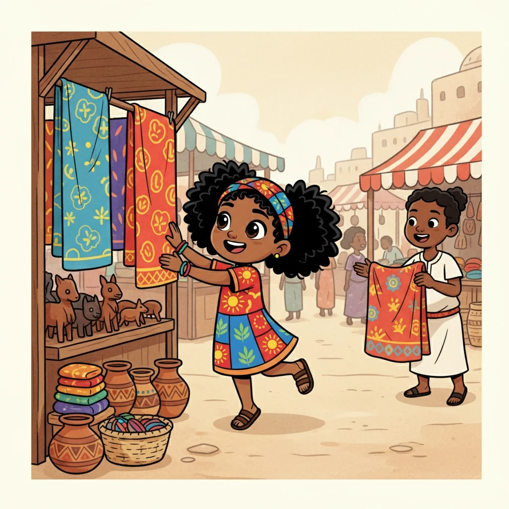 Em um mercado movimentado, Ayana descobriu tecidos vibrantes e objetos de arte feitos por artesãos talentosos. Ela aprendeu sobre a história por trás de cada padrão e a importância da criatividade. Ayana se maravilhou com a beleza da arte africana.