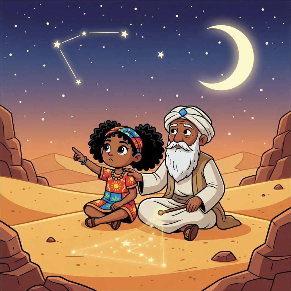 Ayana viajou para um deserto, onde encontrou um ancião que conhecia as estrelas e as histórias do céu. Ele ensinou Ayana sobre a conexão entre o universo e a terra. Ayana aprendeu a observar e a refletir.