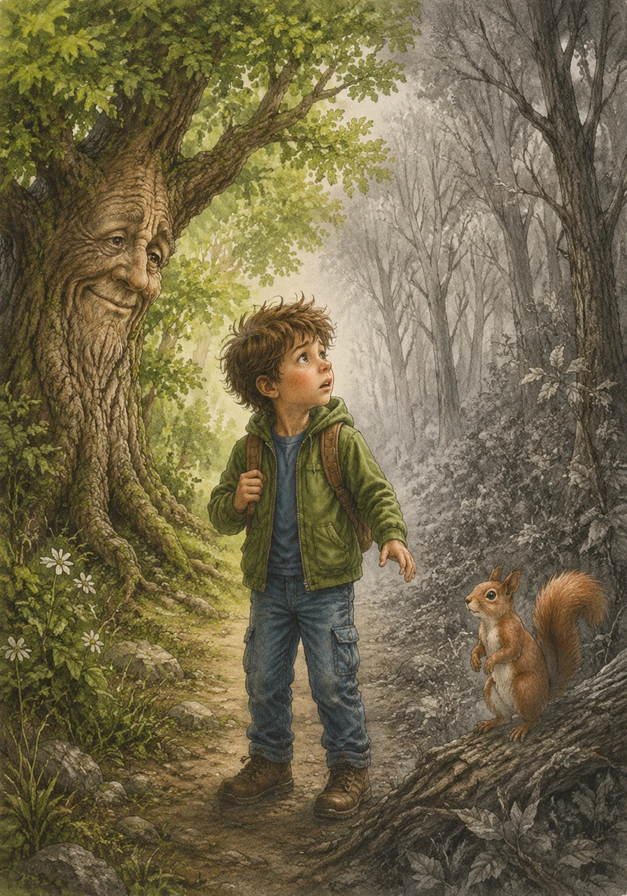 Aidan loves spending his afternoons exploring the lush, green forest behind his house, where the flowers always seem to dance in the gentle breeze. One sunny day, he notices that the vibrant colors of the woods are starting to fade into a dull, sad gray.