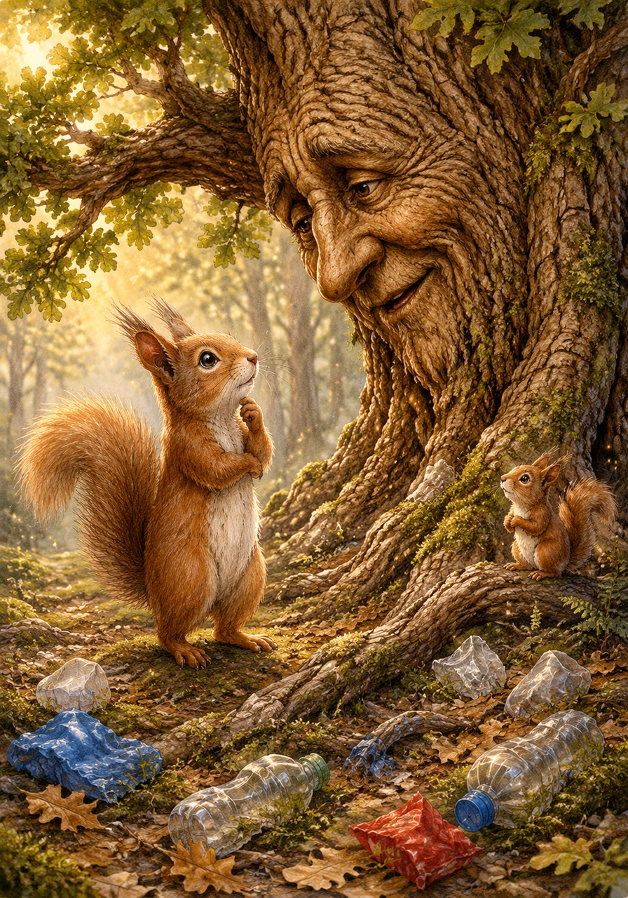 As he walks deeper into the woods, a gentle old oak tree lets out a soft sigh and whispers to Aidan that the forest is falling ill because people have forgotten to care for it. Looking around, Aidan notices plastic wrappers and empty bottles scattered cruelly across the mossy ground.