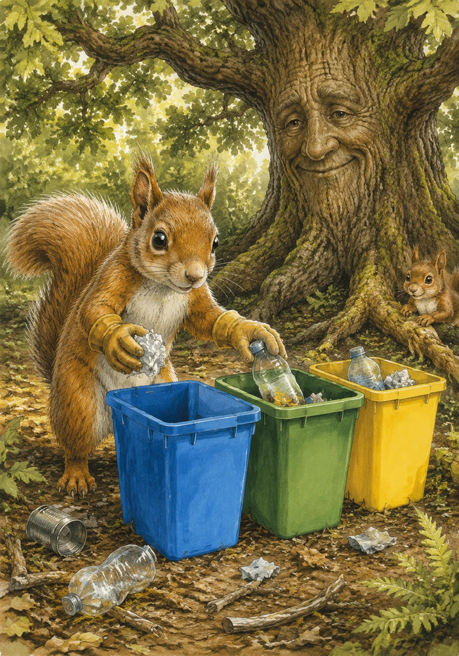 Determined to help his wild friends, Aidan rushes home to grab a pair of gloves and some large, bright recycling bins. He returns to the forest and begins carefully picking up the trash, sorting the plastic, paper, and glass with great care.