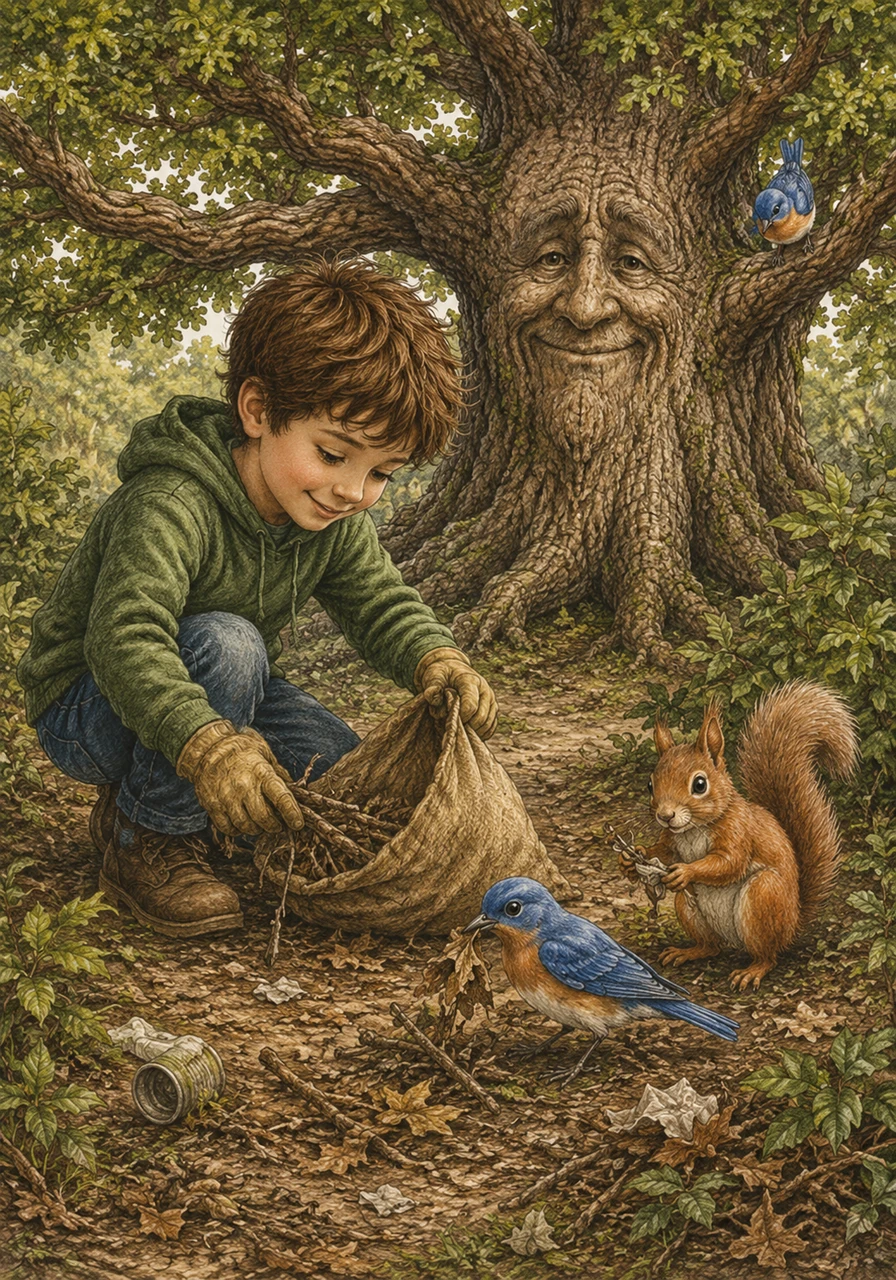 A curious little squirrel and a bluebird watch Aidan from the branches, surprised by his kindness. Inspired by the young boy's dedication, the animals use their paws and beaks to help gather scattered debris from the bushes.