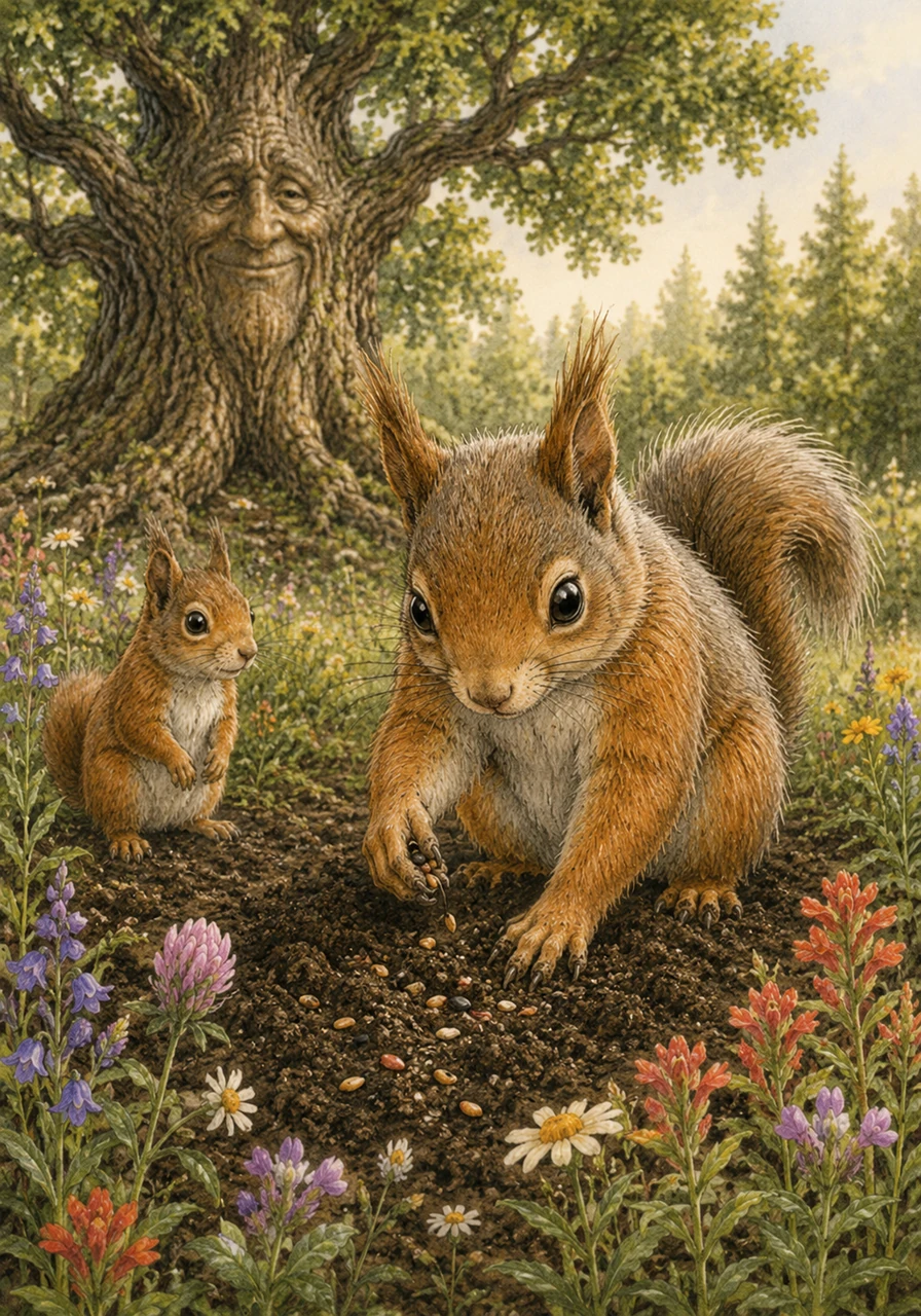With the forest floor finally clean, Aidan realizes the soil is dry and needs new life to thrive again. He kneels down in the rich earth and carefully plants colorful wildflower seeds, gently patting the dirt around them.