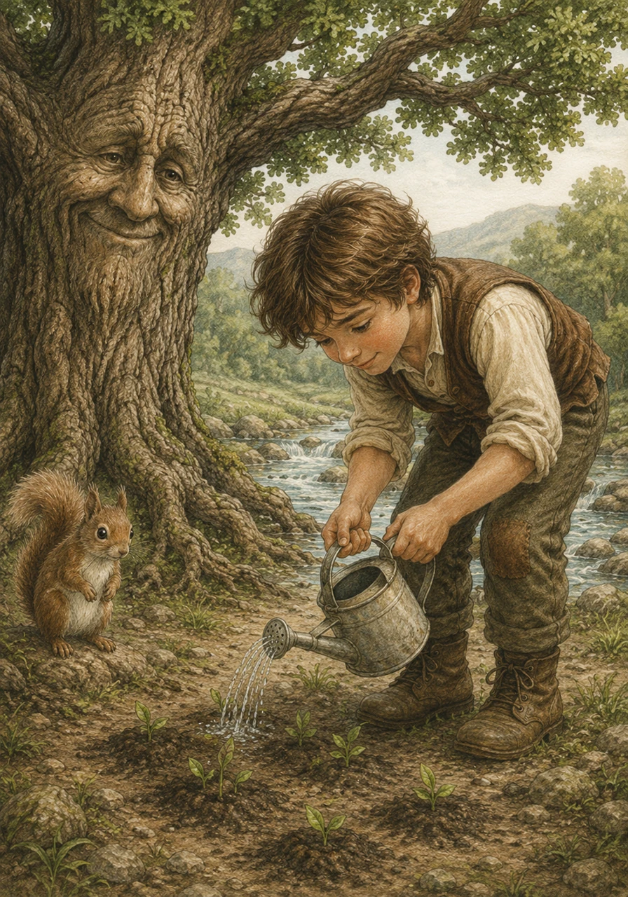 Aidan carries water from a nearby clear stream in his small watering can, giving the newly planted seeds a refreshing drink. He promises the earth that he will return every single day to nurse the patches of land back to health.